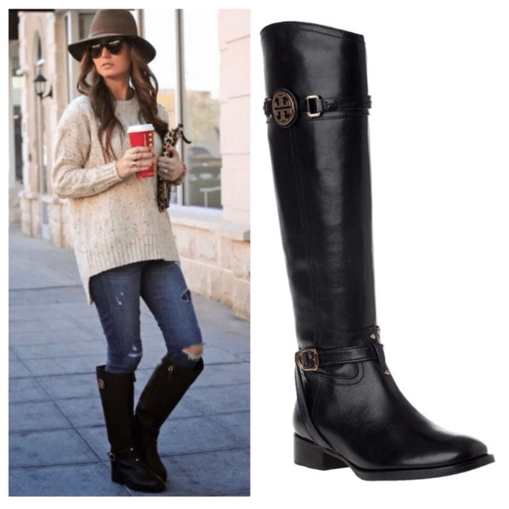 Tory Burch Calista Black Leather Riding Boots Tall Sz 10M Classic